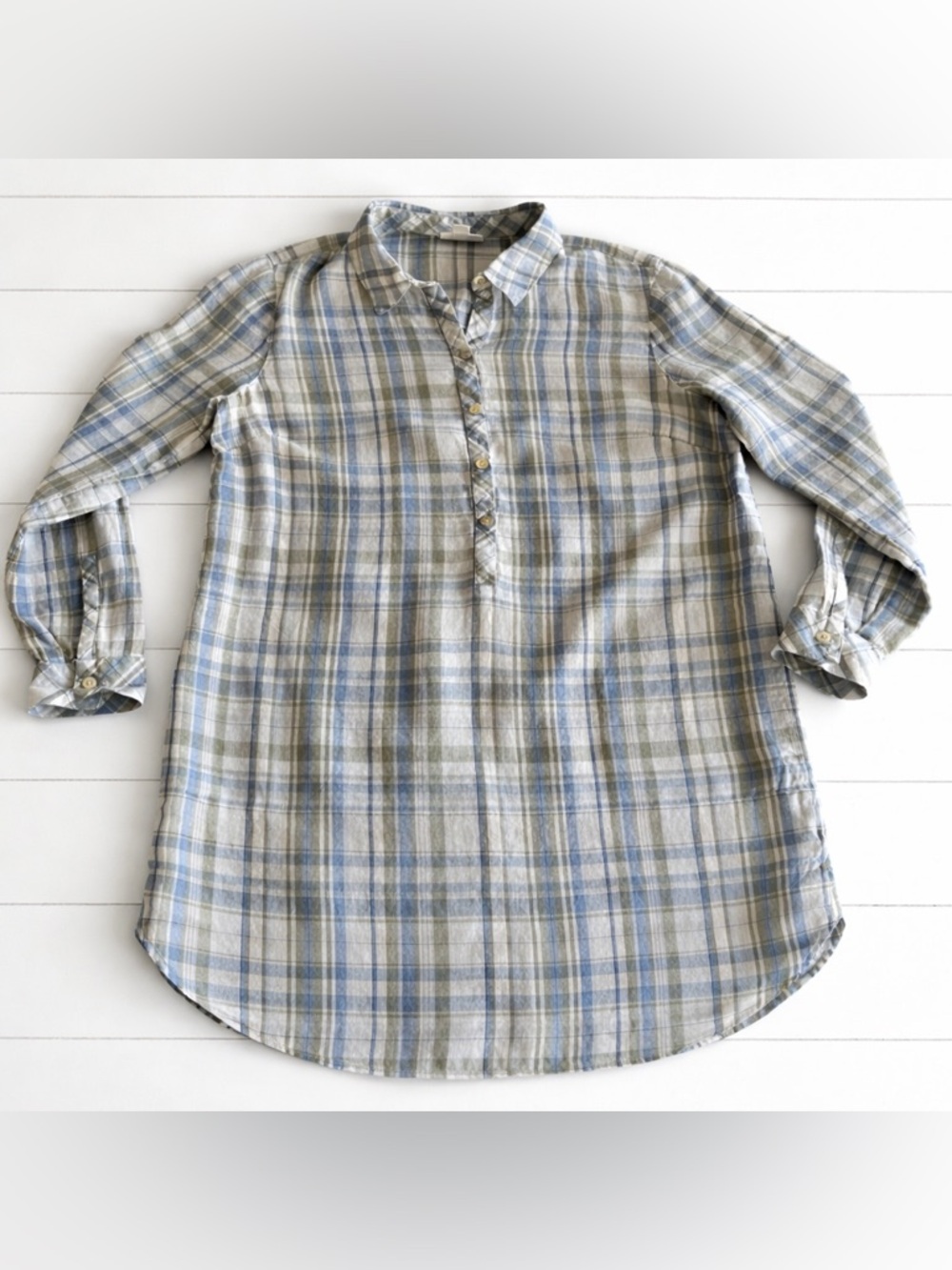 J. Jill Love Linen Plaid Tunic Top Long Sleeve Button Up Shirt Blue Size Small S